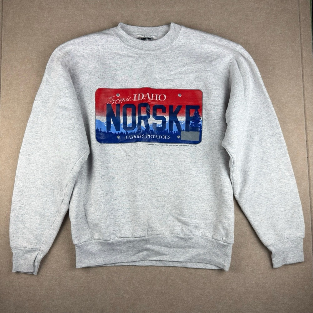 Vintage Oneita Sweatshirt Men L Gray Idaho Norske Plate Graphic USA Made‎ 90s